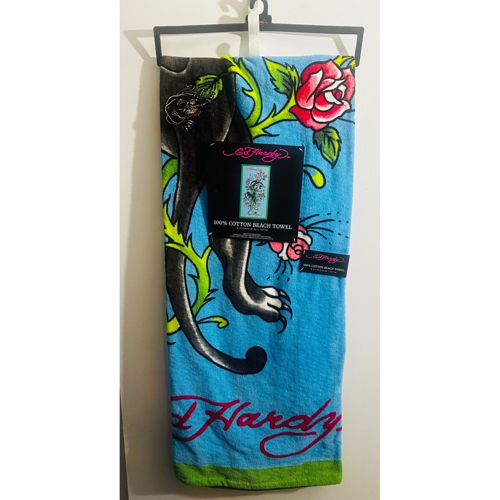 Ed Hardy‎ Panther Rose Beach Towel NWT 100 Cotton 36x68 Y2K Tattoo Biker Decor